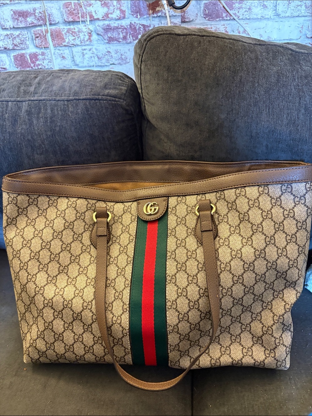 Gucci Beige GG Supreme Canvas Tote with Brown Trim and Green-Red Stripe
